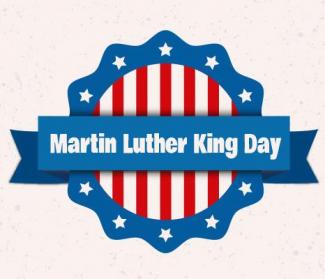 Badge with red and white stripes and banner with title, "Martin Luther King Day"