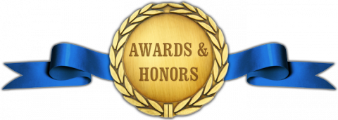 Medallion inscribed with words Awards and Honors and blue ribbon streamers