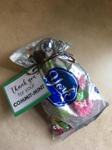 bag of mint candies with tag saying "Thank you for your commit-mint!"