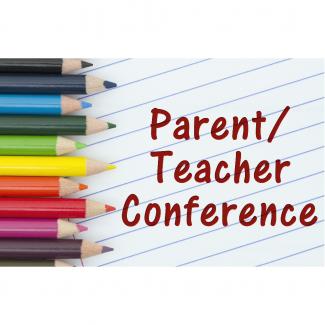 colored pencils and lined paper graphic with Parent/Teacher Conference title