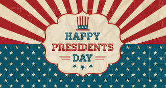 Patriotic background of red and white stripes on top half and white stars on blue field on lower half and cloud bubble with Happy President's Day text inside